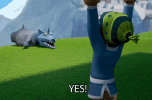 a cartoon character says " yes " in front of a wolf