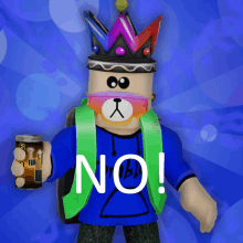 a cartoon character wearing a crown and holding a can that says " no "