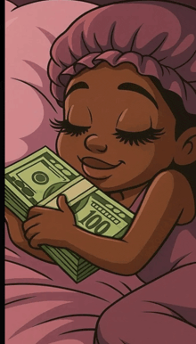 a cartoon of a girl holding a stack of money