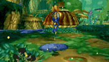 a video game scene with a person standing in the middle of a pond