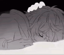 a black and white drawing of a boy sleeping in bed .