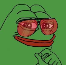 a green frog wearing red sunglasses with the word rizz on the lenses