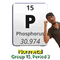 a man flexes his fist in front of a sign that says phosphorus 30.974