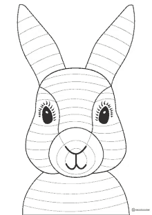 a black and white drawing of a rabbit with striped ears and eyes