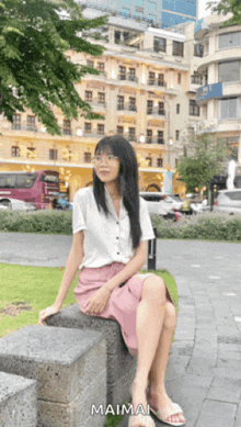 a girl in a white shirt and pink skirt is sitting on a stone wall with the word maimal written below her