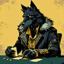 a drawing of a wolf wearing a fur coat playing cards