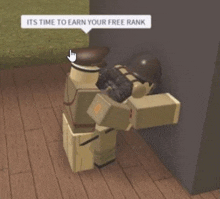 a soldier is leaning against a wall with a speech bubble that says `` its time to earn your free rank ''