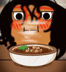 a cartoon of a person eating a bowl of soup .
