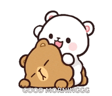 a cartoon of a teddy bear laying on top of another teddy bear with the words `` good morninggg '' written on it .