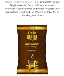 a bag of cafe desire hot chocolate premix makes 80 cups