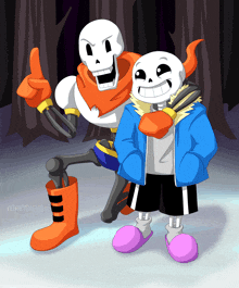 a cartoon drawing of papyrus and sans giving thumbs up