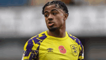 a soccer player wearing a yellow and purple jersey with a poppy on it is standing on the field .