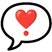 a speech bubble with a red heart and exclamation point inside