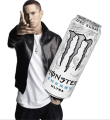 eminem standing next to a can of monster energy