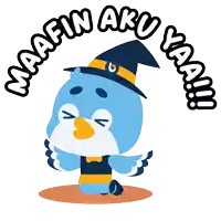 a blue bird wearing a witch hat says maafin aku yaai