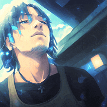 a man with blue hair and a cross around his neck looks up at the sky