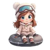 a girl wearing a hat and goggles is sitting on a snow tube