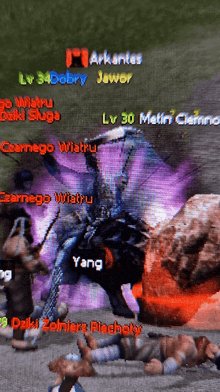 a screen shot of a video game with lv 34 dobry jawor and lv 30 metiri cienno