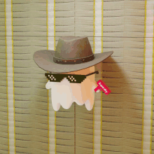 a ghost wearing a cowboy hat and sunglasses has a supreme sticker on his shirt