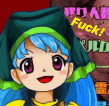 a cartoon girl with blue hair and a green hat says " fuck " on the bottom