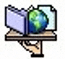 a pixel art illustration of a person holding a folder with a globe inside of it .