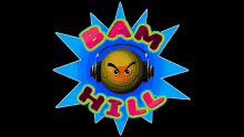 a logo for bam hill shows a smiley face with headphones on