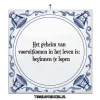 a blue and white tile with the words het geheim van vooruitkomen in het leven is beginnen te lopen