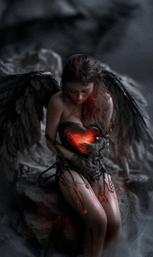 a woman with black wings is holding a heart in her hands