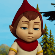 a cartoon character wearing a red hat and scarf looks sad