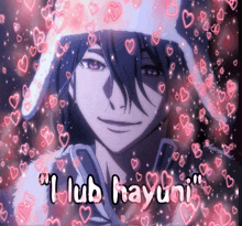 a picture of a man with the words " lub hayuni " surrounded by hearts