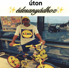 a man wearing a lidl shirt sits on a bicycle