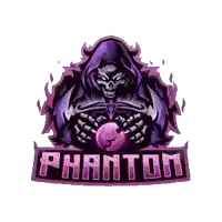 a purple logo with a skeleton holding a purple ball and the words phantom .