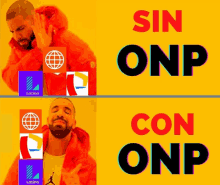 a man in an orange jacket is standing in front of a yellow background with the words sin onp con onp