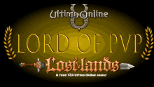 a logo for lord of pvp lostlands with a sword and laurel wreaths