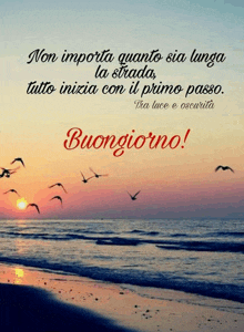 a beach scene with birds flying over it and the words buongiorno in red