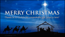 a merry christmas poster with a nativity scene and the words merry christmas thanks be to god for his unspeakable gift jesus is here