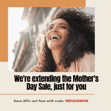 an advertisement for mother 's day sale with a woman laughing