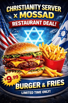 a poster for a burger and fries restaurant deal