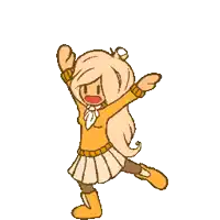 a cartoon girl in a yellow sweater and skirt is raising her arms in the air