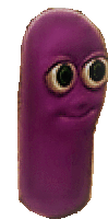 a purple cartoon character with big eyes is smiling