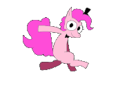 a pink cartoon pony with a top hat on its head