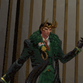 a man in a costume with horns is holding a yellow and black striped object