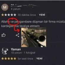 a picture of a sniper rifle with a red circle around it that says " allah ve peygambere "