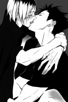 a black and white drawing of two men hugging and kissing