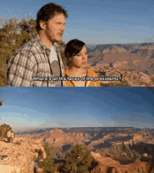 a man and a woman are standing in front of a grand canyon and talking about where all the faces of the presidents