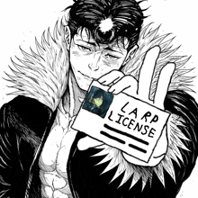 a black and white drawing of a man holding a larp license card
