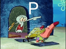 squidward and patrick from spongebob squarepants are fighting each other in a cartoon scene .