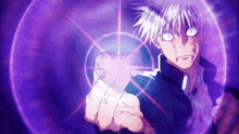 a person with white hair and blue eyes is pointing at something in a purple circle