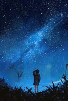 a girl is standing under a starry night sky .