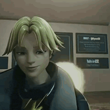 a close up of a cartoon character 's face in a room with signs on the wall .